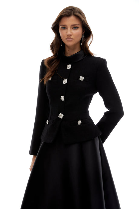 Winter Midi Dress Black High Neck Tweed