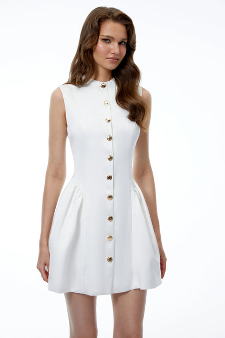Ines Mini Dress White Sleeveless Ruched with Buttons
