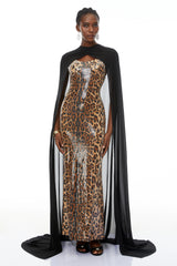 Lorenzo Black Cape  Leopard Print Maxi Dress Set