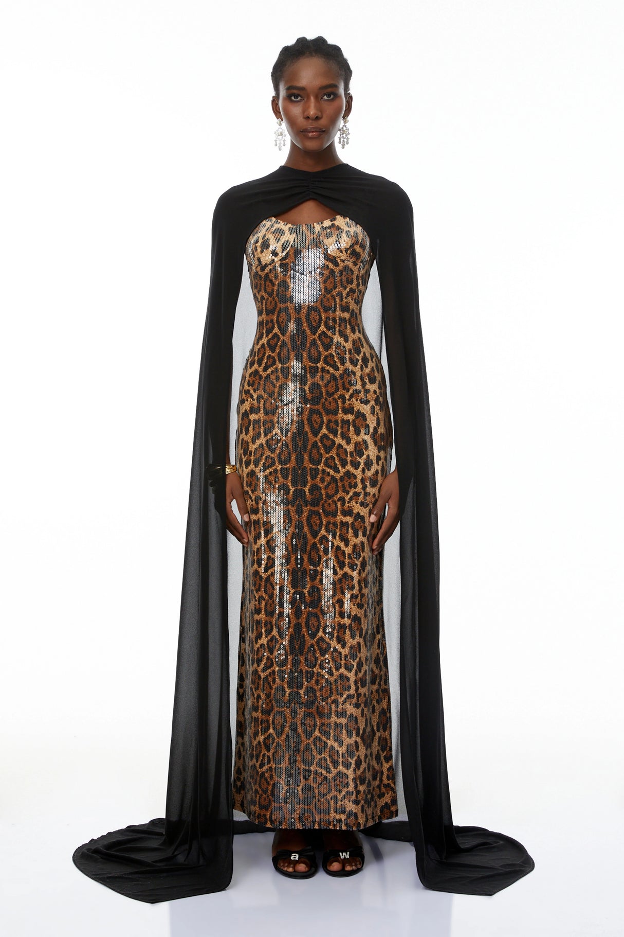 Lorenzo Black Cape  Leopard Print Maxi Dress Set