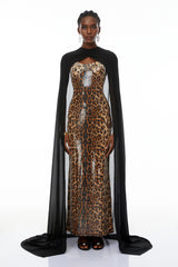 Lorenzo Black Cape  Leopard Print Maxi Dress Set
