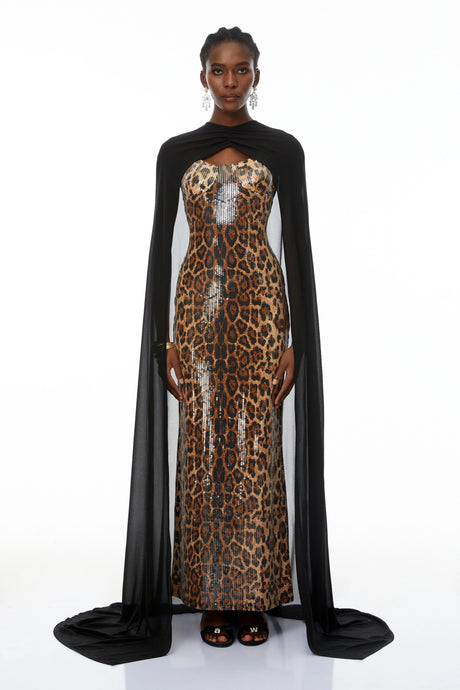 Carmelina Maxi Dress Black Cape & Leopard Print Set