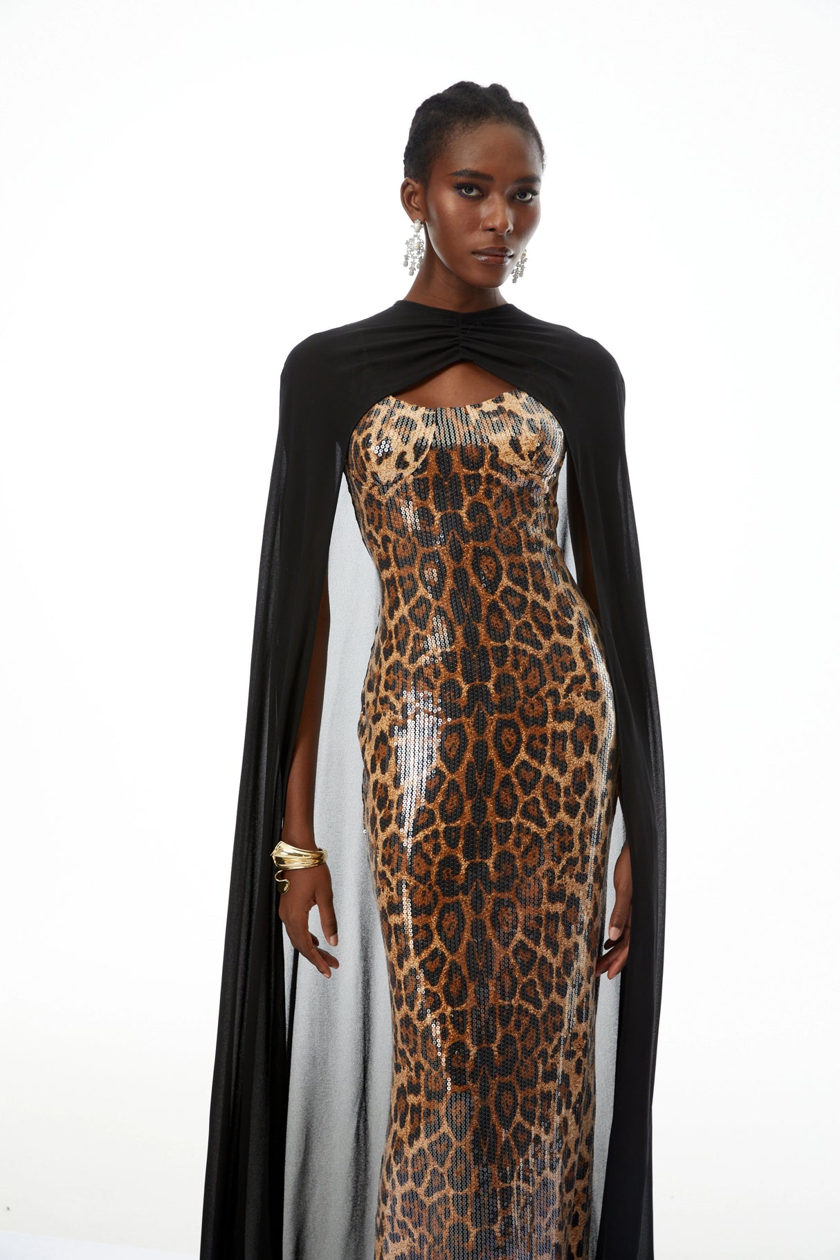 Lorenzo Black Cape  Leopard Print Maxi Dress Set