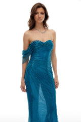 Lorraine Blue Sequined Gathered Maxi Gown
