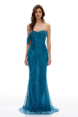 Lorraine Blue Sequined Gathered Maxi Gown