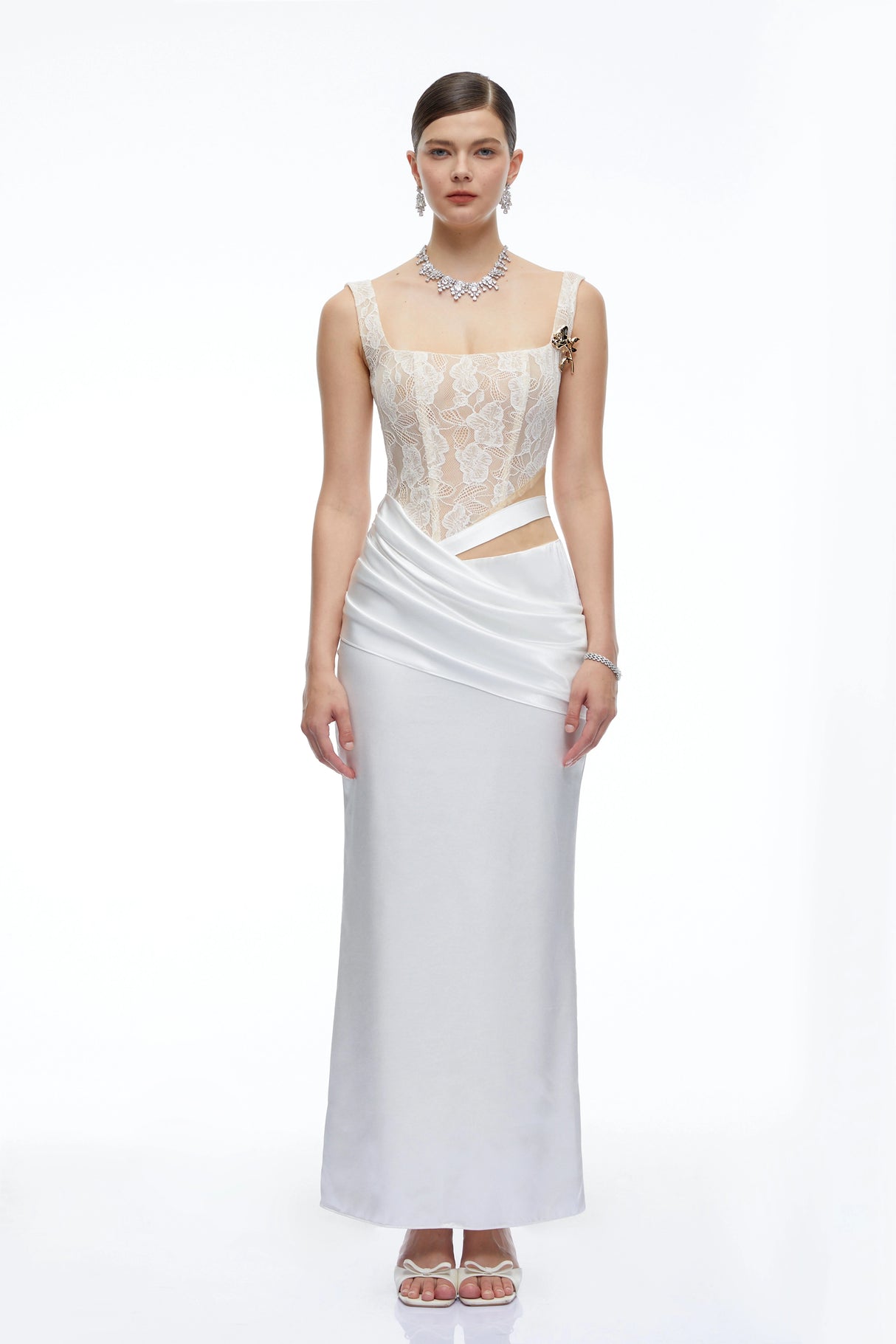 Lorraine White Satin Maxi Dress with Lace CutOuts