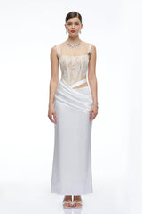 Lorraine White Satin Maxi Dress with Lace CutOuts