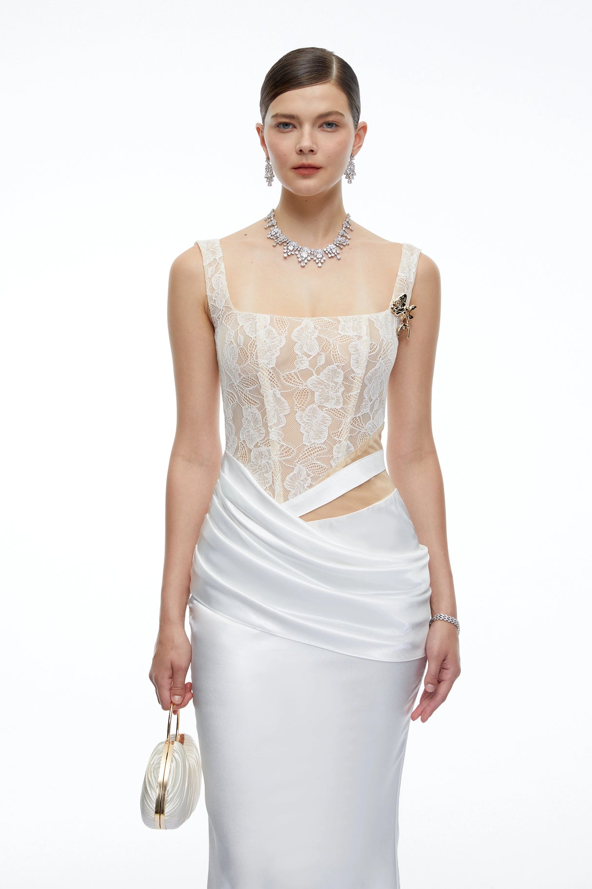 Lorraine White Satin Maxi Dress with Lace CutOuts