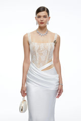 Lorraine White Satin Maxi Dress with Lace CutOuts