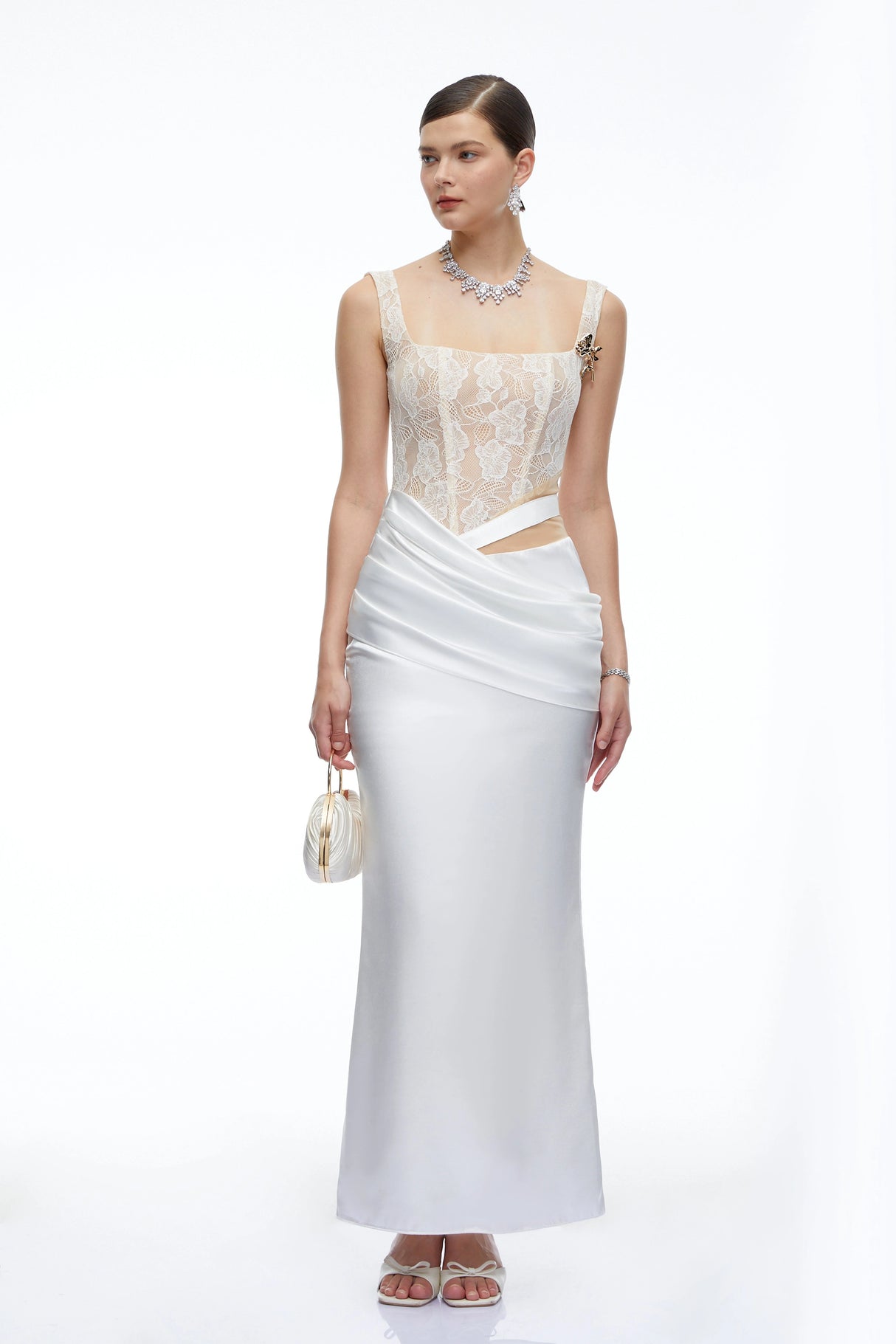 Lorraine White Satin Maxi Dress with Lace CutOuts