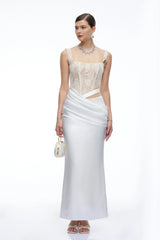 Lorraine White Satin Maxi Dress with Lace CutOuts