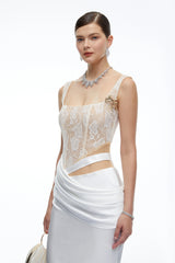Lorraine White Satin Maxi Dress with Lace CutOuts