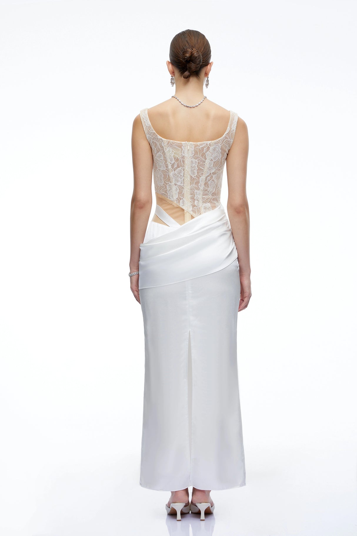 Lorraine White Satin Maxi Dress with Lace CutOuts