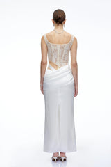 Lorraine White Satin Maxi Dress with Lace CutOuts