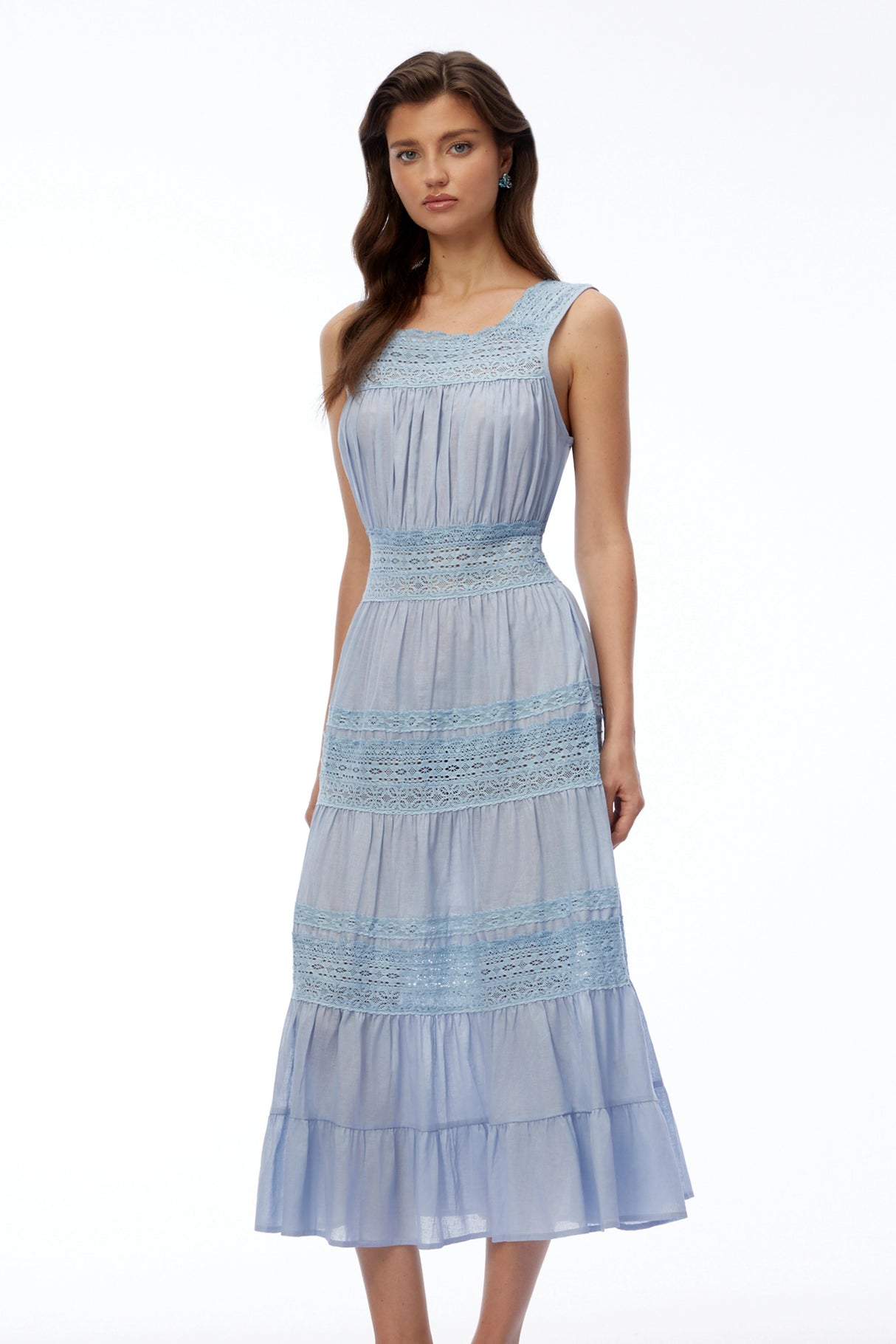 Lottie Blue Pleated Midi Dress with Lace Panels