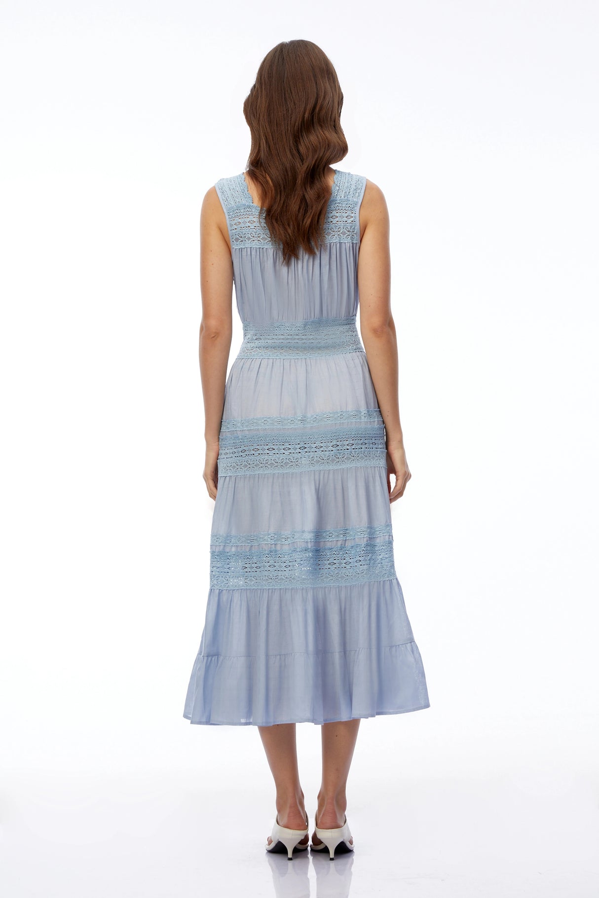 Lottie Blue Pleated Midi Dress with Lace Panels