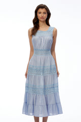 Lottie Blue Pleated Midi Dress with Lace Panels