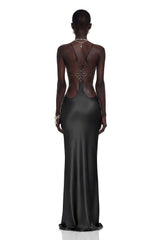 Loviatar Black Backless Satin Maxi Dress
