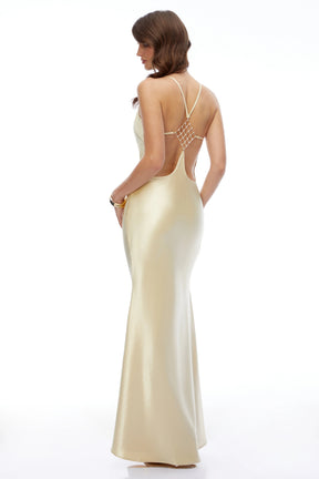 Loviatar Gold Backless Satin Maxi Dress