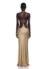Loviatar Gold Backless Satin Maxi Dress