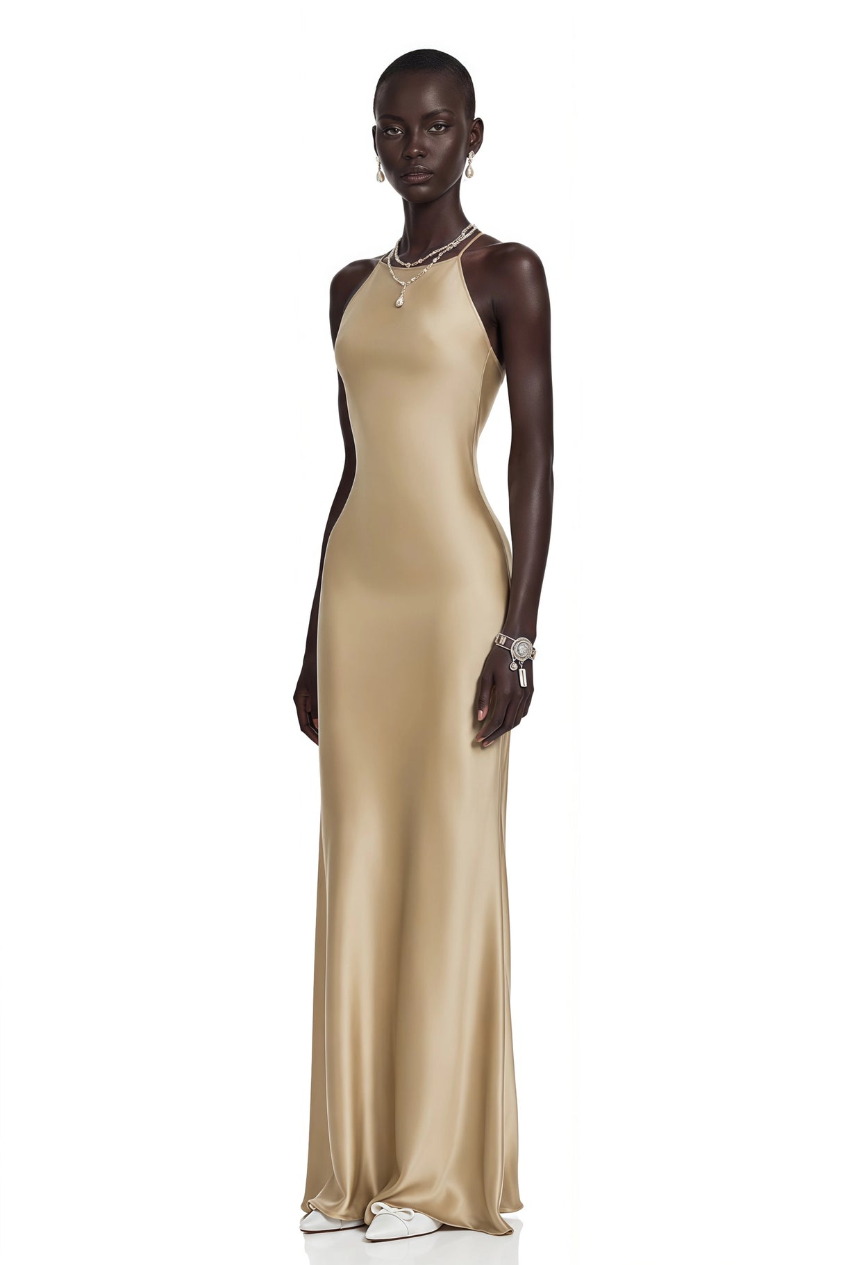 Loviatar Gold Backless Satin Maxi Dress