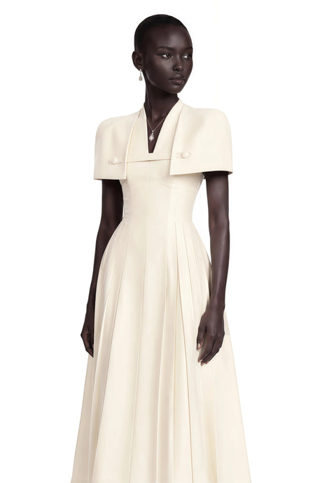 Addison Midi Dress Neutral Shawl Detail Shirred