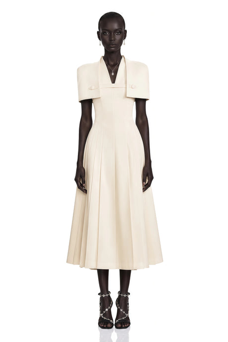 Addison Midi Dress Neutral Shawl Detail Shirred