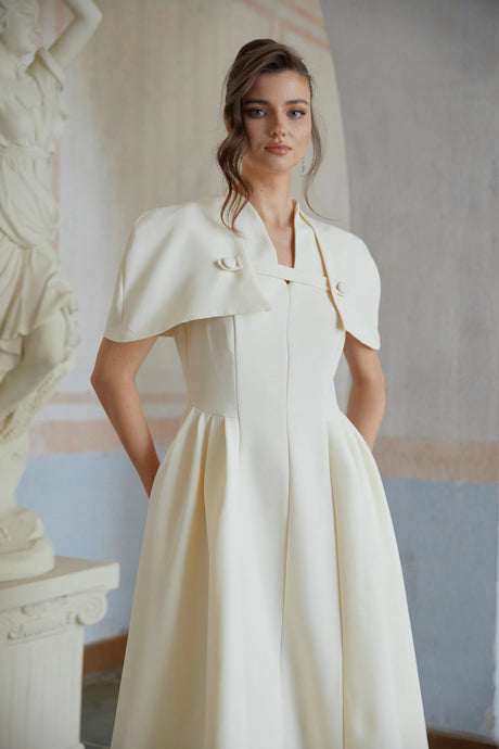 Lina Midi Dress Neutral Shawl Detail Shirred