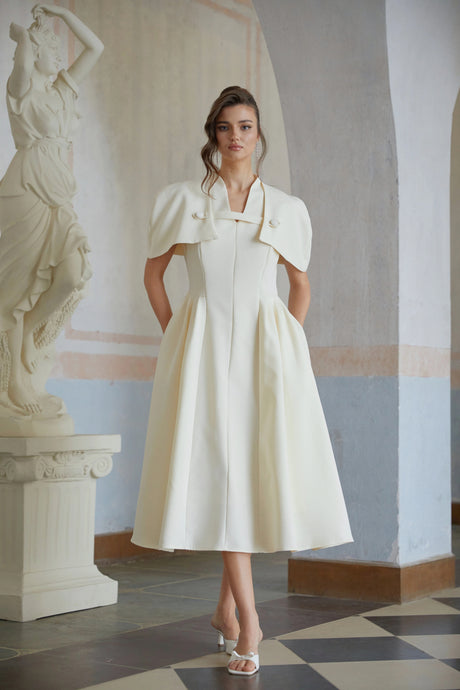 Lina Midi Dress Neutral Shawl Detail Shirred