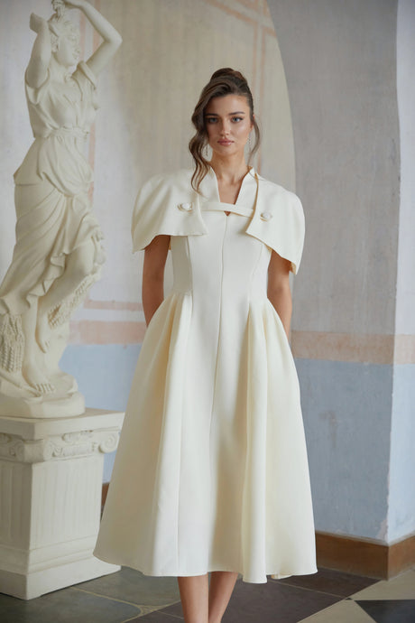 Lina Midi Dress Neutral Shawl Detail Shirred