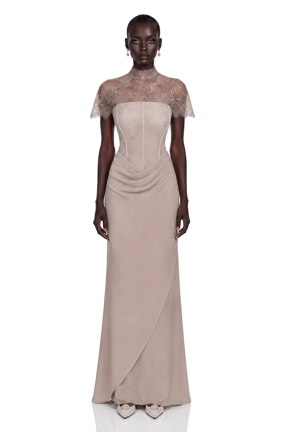 Lovise Neutral Ruched Maxi Dress with Lace Cape
