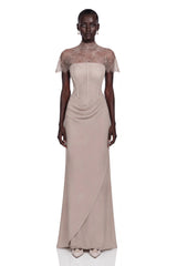 Lovise Neutral Ruched Maxi Dress with Lace Cape