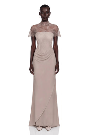 Lovise Neutral Ruched Maxi Dress with Lace Cape