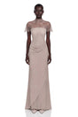 Lovise Neutral Ruched Maxi Dress with Lace Cape