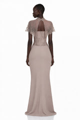 Lovise Neutral Ruched Maxi Dress with Lace Cape