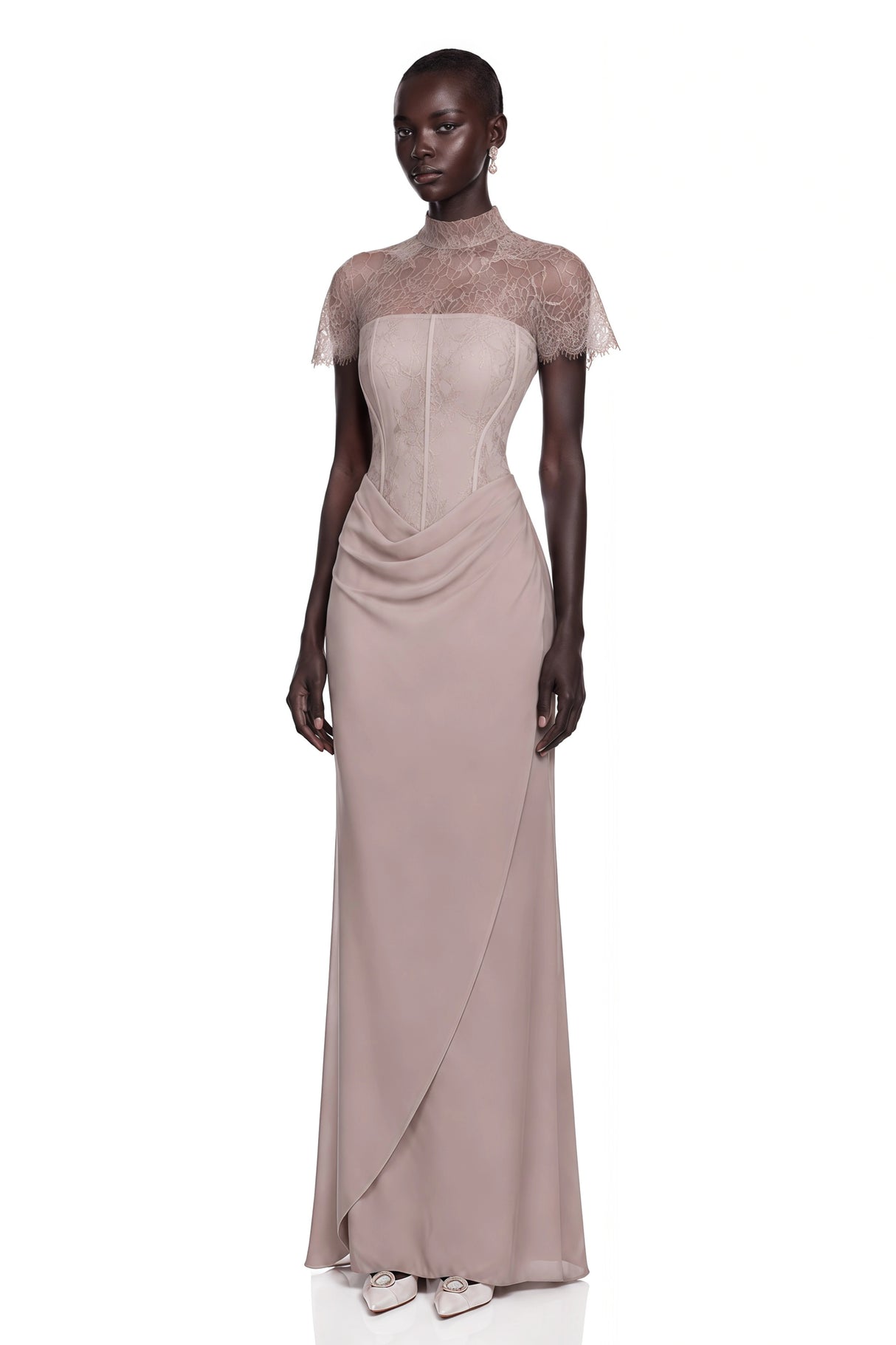 Lovise Neutral Ruched Maxi Dress with Lace Cape