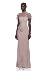 Lovise Neutral Ruched Maxi Dress with Lace Cape