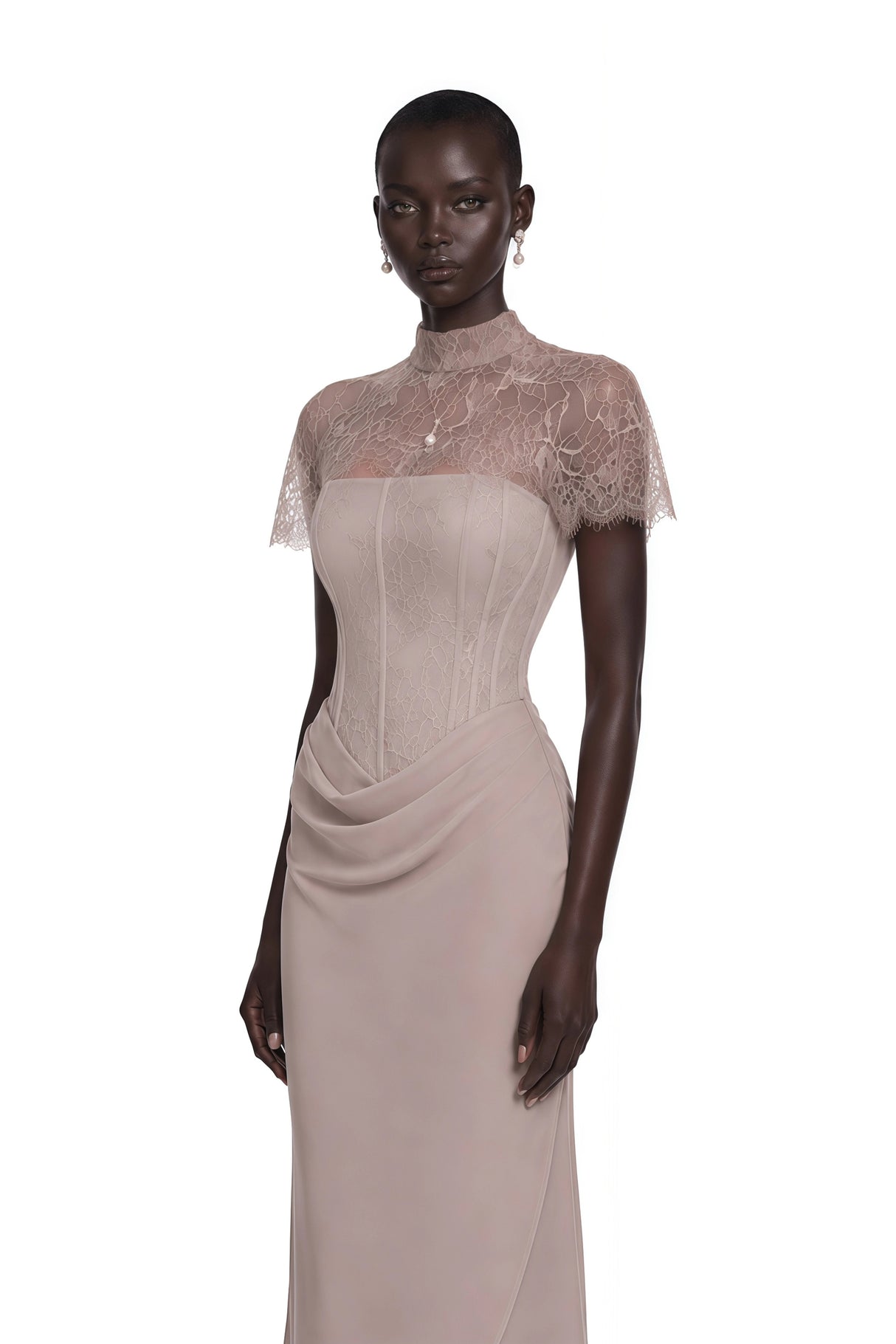 Lovise Neutral Ruched Maxi Dress with Lace Cape