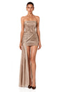 Lucasta Brown Strapless Ruched Draped Mini Dress