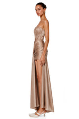 Lucasta Brown Strapless Ruched Draped Mini Dress