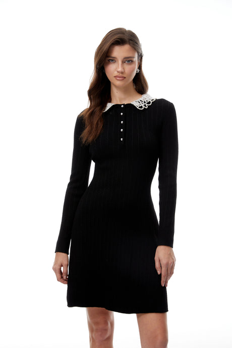 Emilee Mini Dress Black Pearl Trim Knit