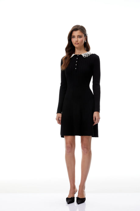Emilee Mini Dress Black Pearl Trim Knit