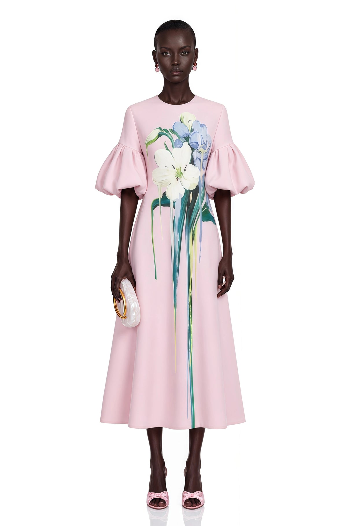 Lucía Pink Floral Print Midi Dress with Puff Sleeves