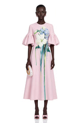 Lucía Pink Floral Print Midi Dress with Puff Sleeves