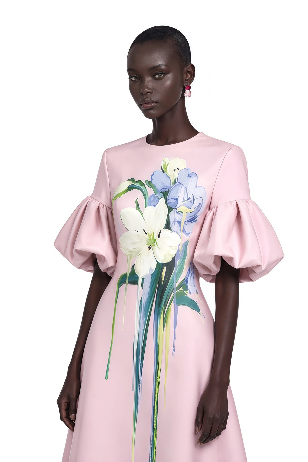 Lucía Pink Floral Print Midi Dress with Puff Sleeves