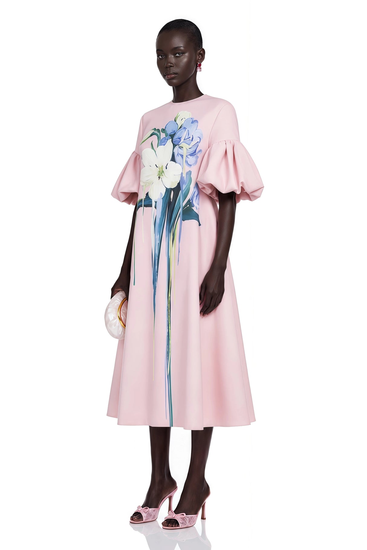 Lucía Pink Floral Print Midi Dress with Puff Sleeves