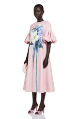 Lucía Pink Floral Print Midi Dress with Puff Sleeves