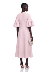 Lucía Pink Floral Print Midi Dress with Puff Sleeves