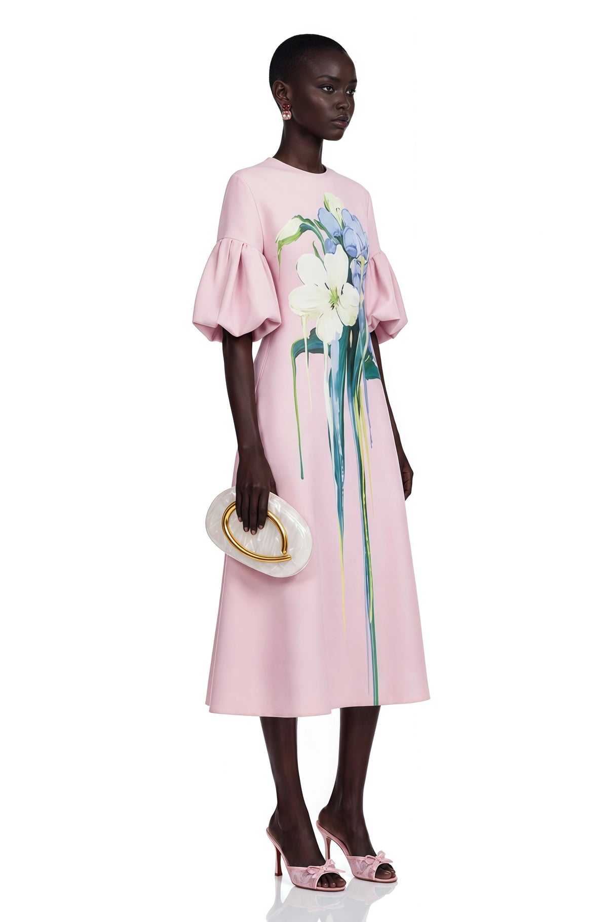 Lucía Pink Floral Print Midi Dress with Puff Sleeves