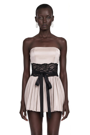 Luciana Champagne Off Shoulder Mini Dress with Lace Panels